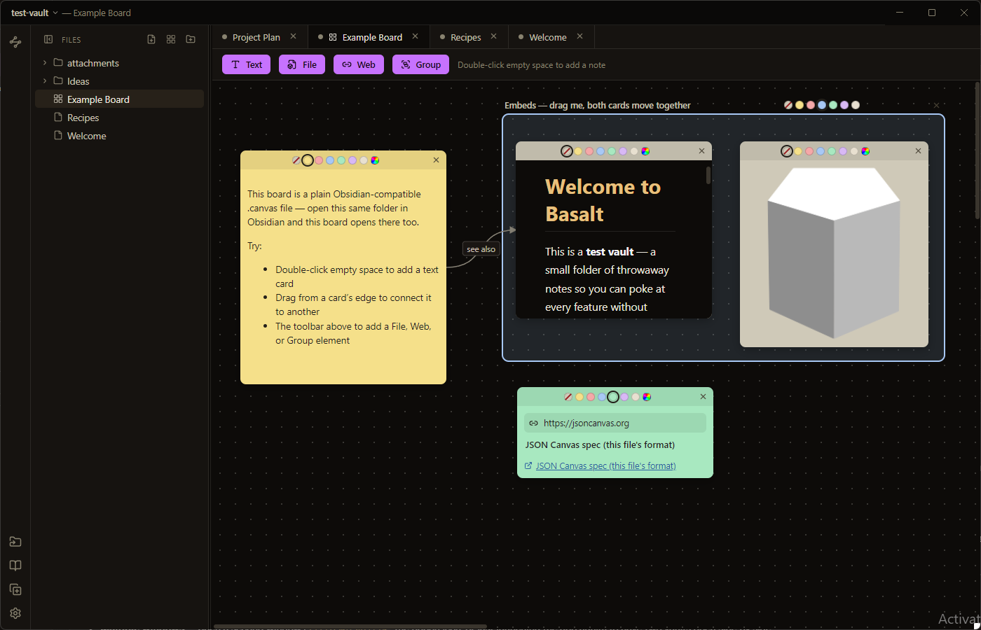 Basalt board view with text, embed, and web-link cards