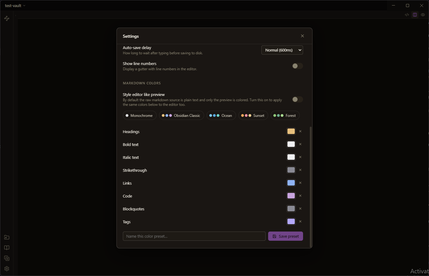 Basalt markdown color presets for headings, links, code, and tags