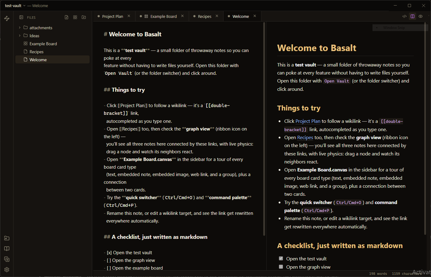 Basalt markdown editor with synced split preview and wikilinks