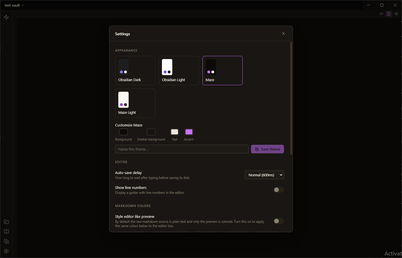 Basalt theme picker with Obsidian and Maze themes, plus a custom theme editor